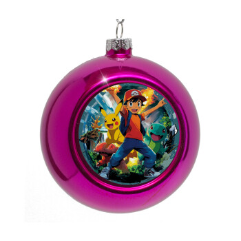 Ash Ketchum & Pikachu, Στολίδι Χριστουγεννιάτικη μπάλα δένδρου Μωβ 8cm