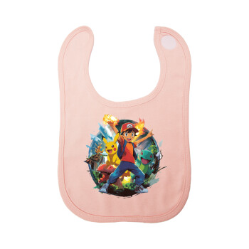 Ash Ketchum & Pikachu, Σαλιάρα με Σκρατς ΡΟΖ 100% Organic Cotton (0-18 months)