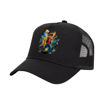 Ash Ketchum & Pikachu, Trucker Hat with Mesh, Black, (COTTON, KIDS, UNISEX, ONE SIZE)