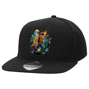 Ash Ketchum & Pikachu, Καπέλο Ενηλίκων Flat Snapback Μαύρο, (100% ΒΑΜΒΑΚΕΡΟ TWILL, ΕΝΗΛΙΚΩΝ, UNISEX, ONE SIZE)