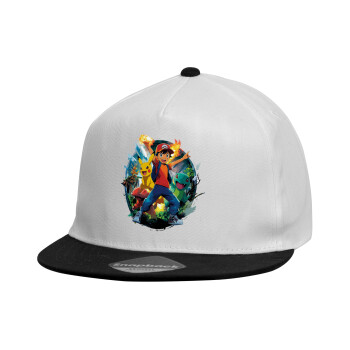 Ash Ketchum & Pikachu, Καπέλο παιδικό Flat Snapback, Λευκό (100% ΒΑΜΒΑΚΕΡΟ, ΠΑΙΔΙΚΟ, UNISEX, ONE SIZE)