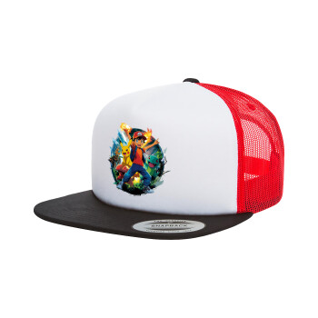 Ash Ketchum & Pikachu, Καπέλο Ενηλίκων Foam Flat Snapback με Δίχτυ Μαύρο-Λευκό-Κόκκινο (POLYESTER, ΕΝΗΛΙΚΩΝ, UNISEX, ONE SIZE)