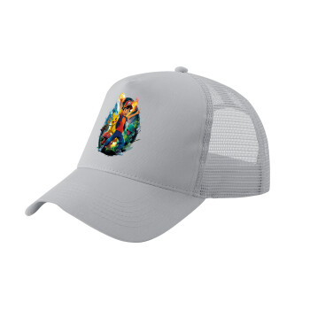 Ash Ketchum & Pikachu, Adult Structured Trucker Hat, with Mesh, GRAY (100% COTTON, ADULT, UNISEX, ONE SIZE)