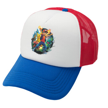 Ash Ketchum & Pikachu, Καπέλο Ενηλίκων Soft Trucker με Δίχτυ Red/Blue/White (POLYESTER, ΕΝΗΛΙΚΩΝ, UNISEX, ONE SIZE)
