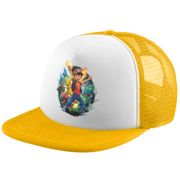 Ash Ketchum & Pikachu, Καπέλο Ενηλίκων Soft Trucker με Δίχτυ Κίτρινο/White (POLYESTER, ΕΝΗΛΙΚΩΝ, UNISEX, ONE SIZE)