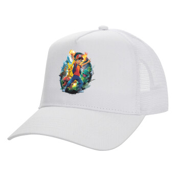 Ash Ketchum & Pikachu, Καπέλο Ενηλίκων Structured Trucker, με Δίχτυ, ΛΕΥΚΟ (100% ΒΑΜΒΑΚΕΡΟ, ΕΝΗΛΙΚΩΝ, UNISEX, ONE SIZE)