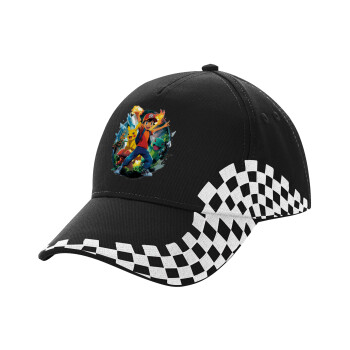 Ash Ketchum & Pikachu, Adult Ultimate BLACK RACING Cap, (100% COTTON DRILL, ADULT, UNISEX, ONE SIZE)