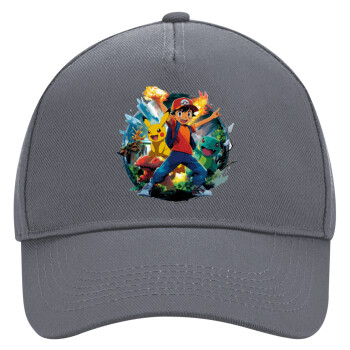 Ash Ketchum & Pikachu, Ultimate Adult Hat Grey, (100% COTTON DRILL, ADULT, UNISEX, ONE SIZE)