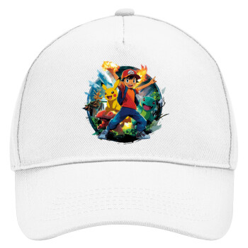 Ash Ketchum & Pikachu, Adult Baseball Cap, Drill, White (100% COTTON, ADULT, UNISEX, ONE SIZE)