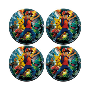 Ash Ketchum & Pikachu, ΣΕΤ 4 Σουβέρ ξύλινα στρογγυλά (9cm)