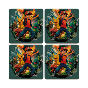 Ash Ketchum & Pikachu, ΣΕΤ x4 Σουβέρ ξύλινα τετράγωνα plywood (9cm)