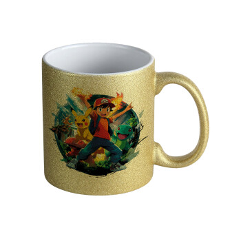 Ash Ketchum & Pikachu, Κούπα Χρυσή Glitter που γυαλίζει, κεραμική, 330ml