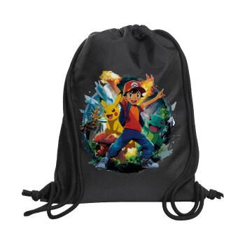 Ash Ketchum & Pikachu, Τσάντα πλάτης πουγκί GYMBAG Μαύρη, με τσέπη (40x48cm) & χονδρά κορδόνια