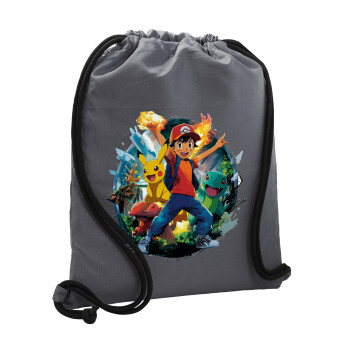 Ash Ketchum & Pikachu, Τσάντα πλάτης πουγκί GYMBAG ΓΚΡΙ, με τσέπη (40x48cm) & χονδρά κορδόνια