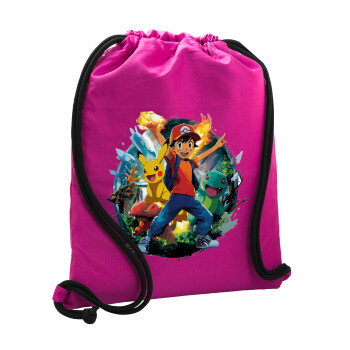 Ash Ketchum & Pikachu, Τσάντα πλάτης πουγκί GYMBAG Φούξια, με τσέπη (40x48cm) & χονδρά κορδόνια