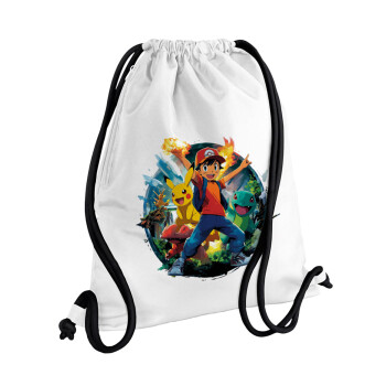 Ash Ketchum & Pikachu, Backpack pouch GYMBAG white, with pocket (40x48cm) & thick cords