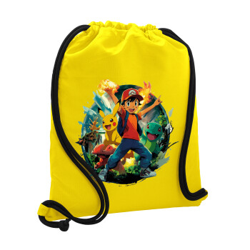 Ash Ketchum & Pikachu, Τσάντα πλάτης πουγκί GYMBAG Κίτρινη, με τσέπη (40x48cm) & χονδρά κορδόνια