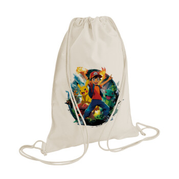Ash Ketchum & Pikachu, Τσάντα πλάτης πουγκί GYMBAG natural (28x40cm)