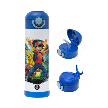 Ash Ketchum & Pikachu, Παιδικό παγούρι θερμό, ανοξείδωτο, με καλαμάκι ασφαλείας, ΜΠΛΕ (500ml)