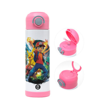 Ash Ketchum & Pikachu, Children's hot water bottle, stainless steel, with safety straw, PINK (500ml)