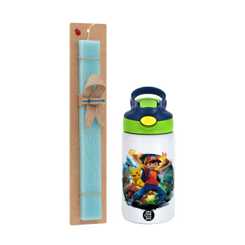 Ash Ketchum & Pikachu, Πασχαλινή Λαμπάδα με Παιδικό παγούρι θερμό, ανοξείδωτο, με καλαμάκι ασφαλείας, πράσινο/μπλε (350ml) & κερί αρωματικό πλακέ (30cm) (ΤΙΡΚΟΥΑΖ)