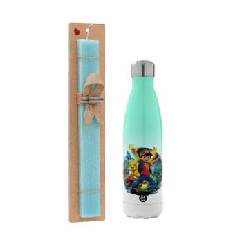 Ash Ketchum & Pikachu, Easter Set, Metallic green/white thermos (Stainless steel), double-walled, 500ml & scented flat Easter candle (30cm) (TURQUOISE)