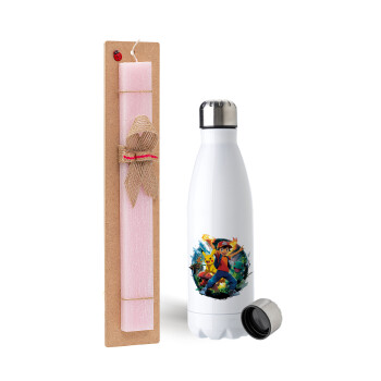 Ash Ketchum & Pikachu, Πασχαλινή Λαμπάδα με μεταλλικό παγούρι ανοξείδωτο (750ml) & κερί αρωματικό πλακέ (30cm) (ΡΟΖ)