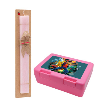 Ash Ketchum & Pikachu, Πασχαλινή Λαμπάδα με παιδικό δοχείο κολατσιού ΡΟΖ & κερί αρωματικό πλακέ (30cm) (ΡΟΖ)