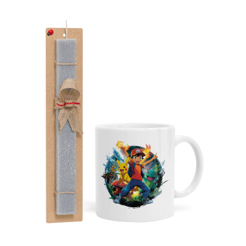 Ash Ketchum & Pikachu, Πασχαλινή Λαμπάδα με Κούπα κεραμική (330ml) & κερί αρωματικό πλακέ (30cm) (ΓΚΡΙ)