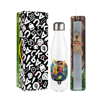 Ash Ketchum & Pikachu, Πασχαλινή Λαμπάδα με μεταλλικό παγούρι θερμός λευκός (500ml) & λαμπάδα αρωματική πλακέ (30cm) (ΓΚΡΙ)