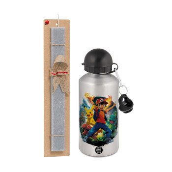 Ash Ketchum & Pikachu, Πασχαλινή Λαμπάδα με παγούρι μεταλλικό Ασημένιο αλουμινίου (500ml) & κερί αρωματικό πλακέ (30cm) (ΓΚΡΙ)