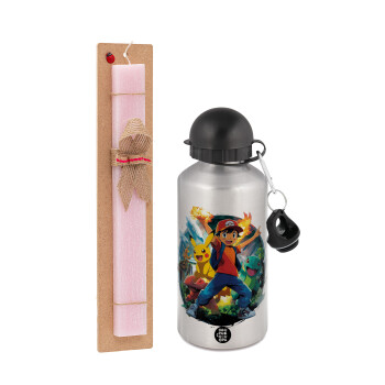 Ash Ketchum & Pikachu, Πασχαλινή Λαμπάδα με παγούρι μεταλλικό Ασημένιο αλουμινίου (500ml) & κερί αρωματικό πλακέ (30cm) (ΡΟΖ)