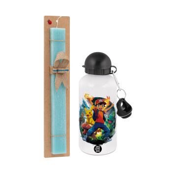 Ash Ketchum & Pikachu, Πασχαλινή Λαμπάδα με παγούρι μεταλλικό αλουμινίου (500ml) & λαμπάδα αρωματική πλακέ (30cm) (ΤΙΡΚΟΥΑΖ)