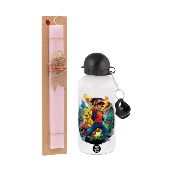 Ash Ketchum & Pikachu, Πασχαλινή Λαμπάδα με παγούρι μεταλλικό αλουμινίου (500ml) & κερί αρωματικό πλακέ (30cm) (ΡΟΖ)