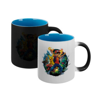 Ash Ketchum & Pikachu, Κούπα Μαγική εσωτερικό μπλε, κεραμική 330ml που αλλάζει χρώμα με το ζεστό ρόφημα