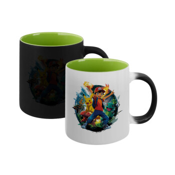 Ash Ketchum & Pikachu, Κούπα Μαγική εσωτερικό πράσινο, κεραμική 330ml που αλλάζει χρώμα με το ζεστό ρόφημα