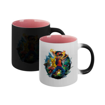 Ash Ketchum & Pikachu, Κούπα Μαγική εσωτερικό ΡΟΖ, κεραμική 330ml που αλλάζει χρώμα με το ζεστό ρόφημα