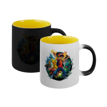 Ash Ketchum & Pikachu, Κούπα Μαγική εσωτερικό κίτρινη, κεραμική 330ml που αλλάζει χρώμα με το ζεστό ρόφημα