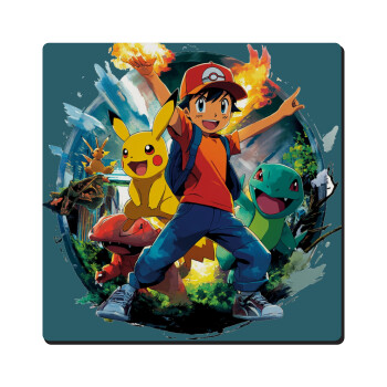 Ash Ketchum & Pikachu, Τετράγωνο μαγνητάκι ξύλινο 6x6cm