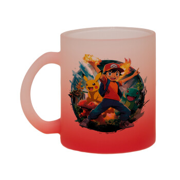 Ash Ketchum & Pikachu, Κούπα γυάλινη δίχρωμη με βάση το κόκκινο ματ, 330ml
