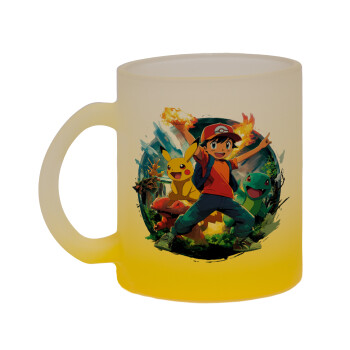 Ash Ketchum & Pikachu, Κούπα γυάλινη δίχρωμη με βάση το κίτρινο ματ, 330ml