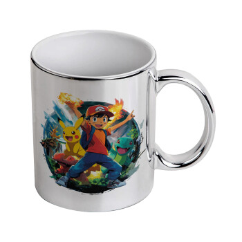 Ash Ketchum & Pikachu, Κούπα κεραμική, ασημένια καθρέπτης, 330ml