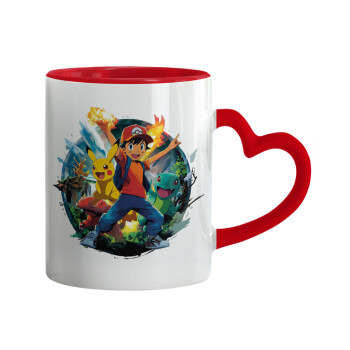 Ash Ketchum & Pikachu, Κούπα καρδιά χερούλι κόκκινη, κεραμική, 330ml