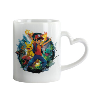 Ash Ketchum & Pikachu, Κούπα καρδιά χερούλι λευκή, κεραμική, 330ml