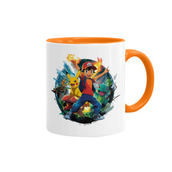 Ash Ketchum & Pikachu, Κούπα χρωματιστή πορτοκαλί, κεραμική, 330ml