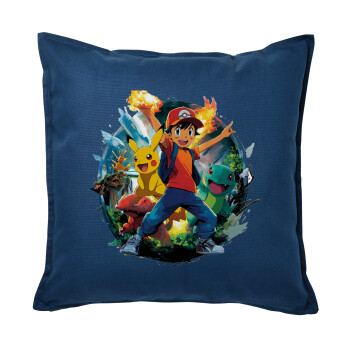 Ash Ketchum & Pikachu, Μαξιλάρι καναπέ Μπλε 100% βαμβάκι, περιέχεται το γέμισμα (50x50cm)