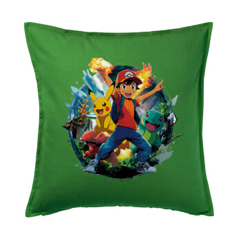 Ash Ketchum & Pikachu, Μαξιλάρι καναπέ Πράσινο 100% βαμβάκι, περιέχεται το γέμισμα (50x50cm)