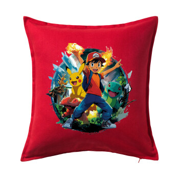 Ash Ketchum & Pikachu, Μαξιλάρι καναπέ Κόκκινο 100% βαμβάκι, περιέχεται το γέμισμα (50x50cm)