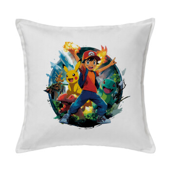 Ash Ketchum & Pikachu, Μαξιλάρι καναπέ ΛΕΥΚΟ 100% βαμβάκι, περιέχεται το γέμισμα (50x50cm)