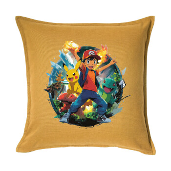 Ash Ketchum & Pikachu, Μαξιλάρι καναπέ Κίτρινο 100% βαμβάκι, περιέχεται το γέμισμα (50x50cm)